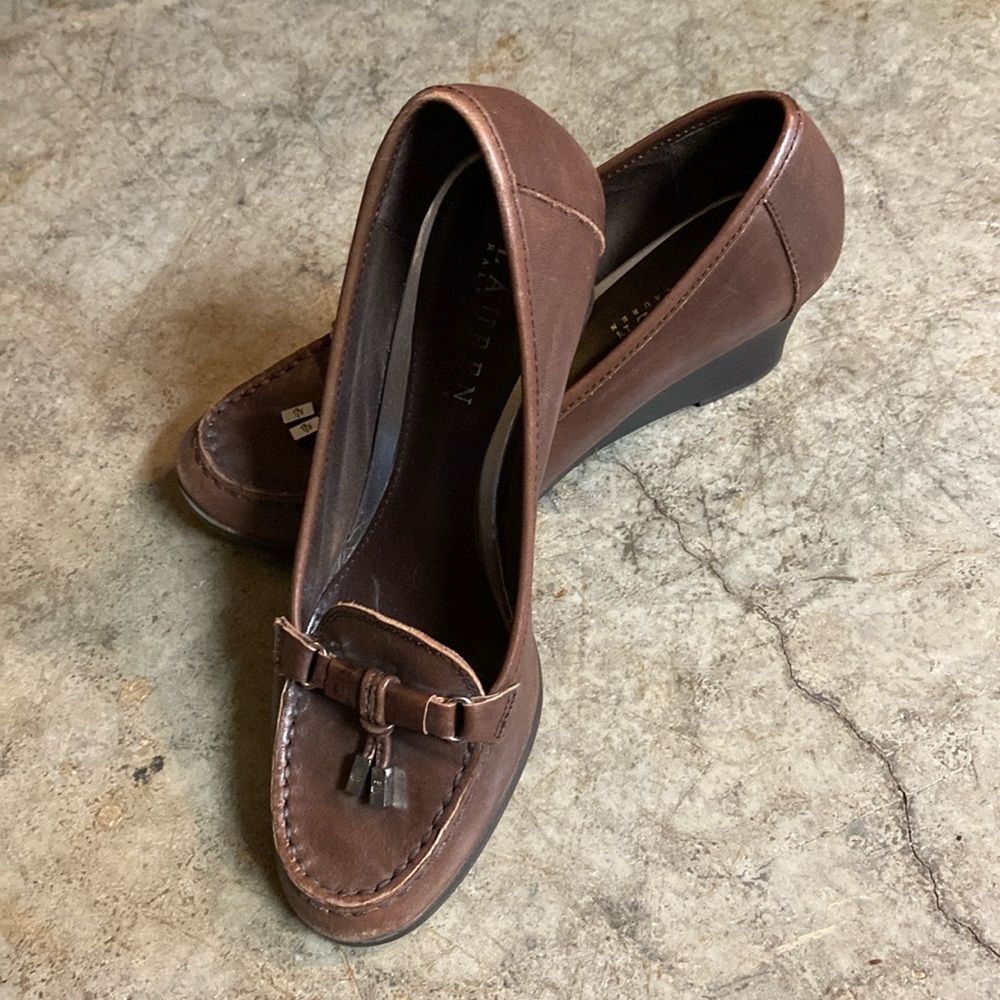 Lauren Ralph Lauren brown leather wedge loafers. Size 7 1/2